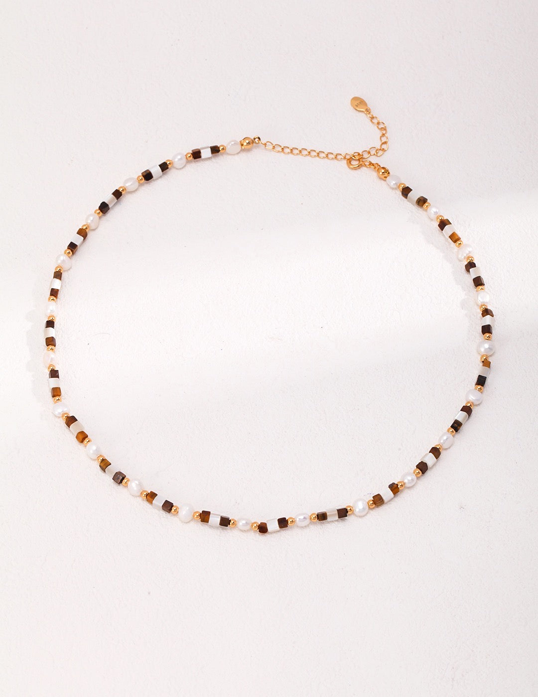 Vintage Mother-of-Pearl & Tiger Eye Stone Beaded Necklace