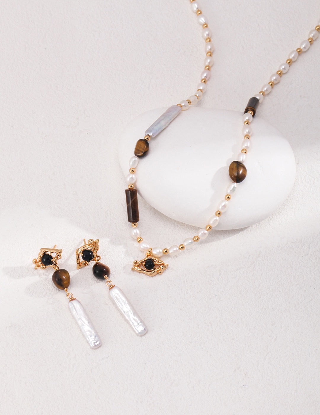 Pearl & Tiger's Eye Necklace - YIN BEAUTY